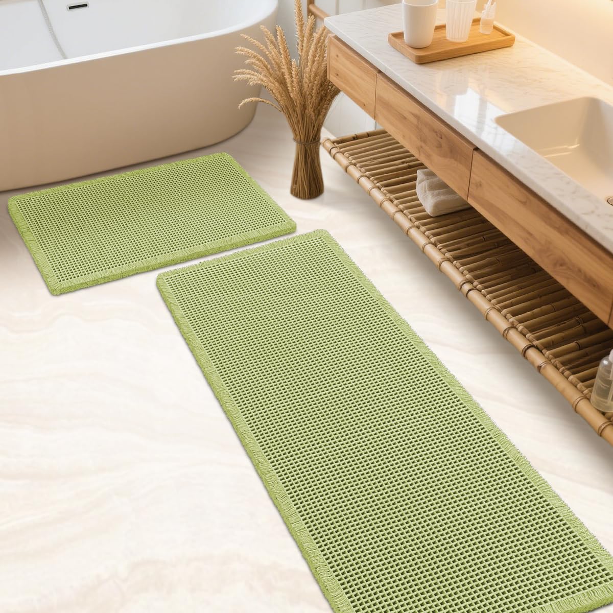 IM HOME Waffle Bath Mat Set 2 Piece Olive Green,Woven Modern Bath Rug Mats, Absorbent Non Slip Bath Floor Mat, Soft Washable Boho Bath Rugs with Tassels for Bathroom, Bedroom, Kitchen,Tub