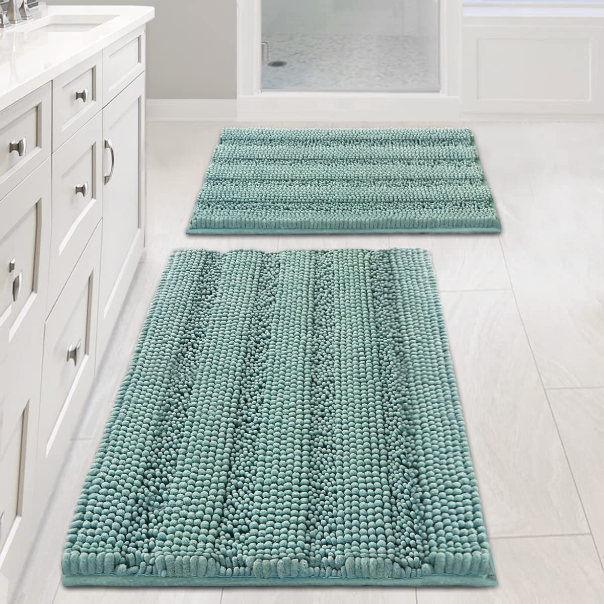 H.VERSAILTEX Bath Rugs for Bathroom Non Slip Bath Mats Extra Thick Chenille Striped Rug 20" x 32" Absorbent Non Skid Fluffy Soft Shaggy Washable Dry Fast Plush Mat for Indoor, Bath Room, Tub - Sage