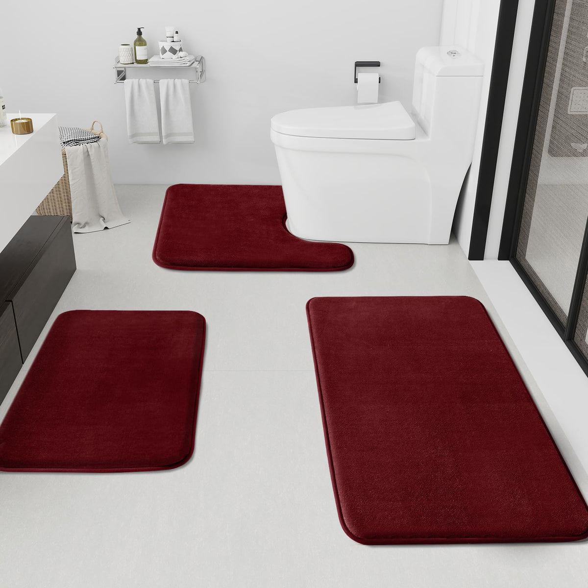 HUXMEYSON Bathroom Rugs Sets 3 Piece, Non-Slip & Quick Dry Bath Mat Set, Ultra Soft Velvet Bath Rugs for Bathroom, Toilet and Shower Floor, Grey