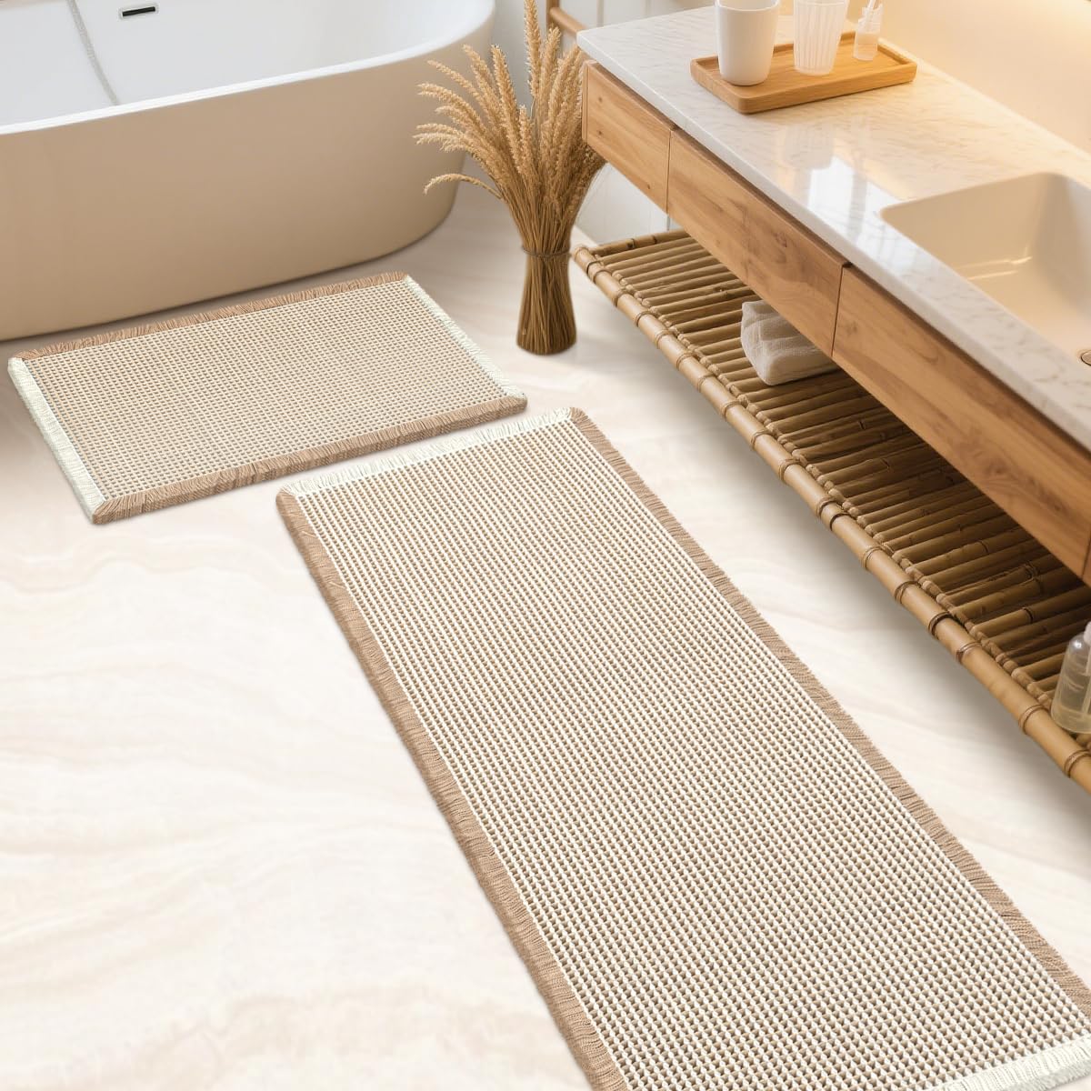 IM HOME Waffle Bath Mat Set 2 Piece Olive Green,Woven Modern Bath Rug Mats, Absorbent Non Slip Bath Floor Mat, Soft Washable Boho Bath Rugs with Tassels for Bathroom, Bedroom, Kitchen,Tub