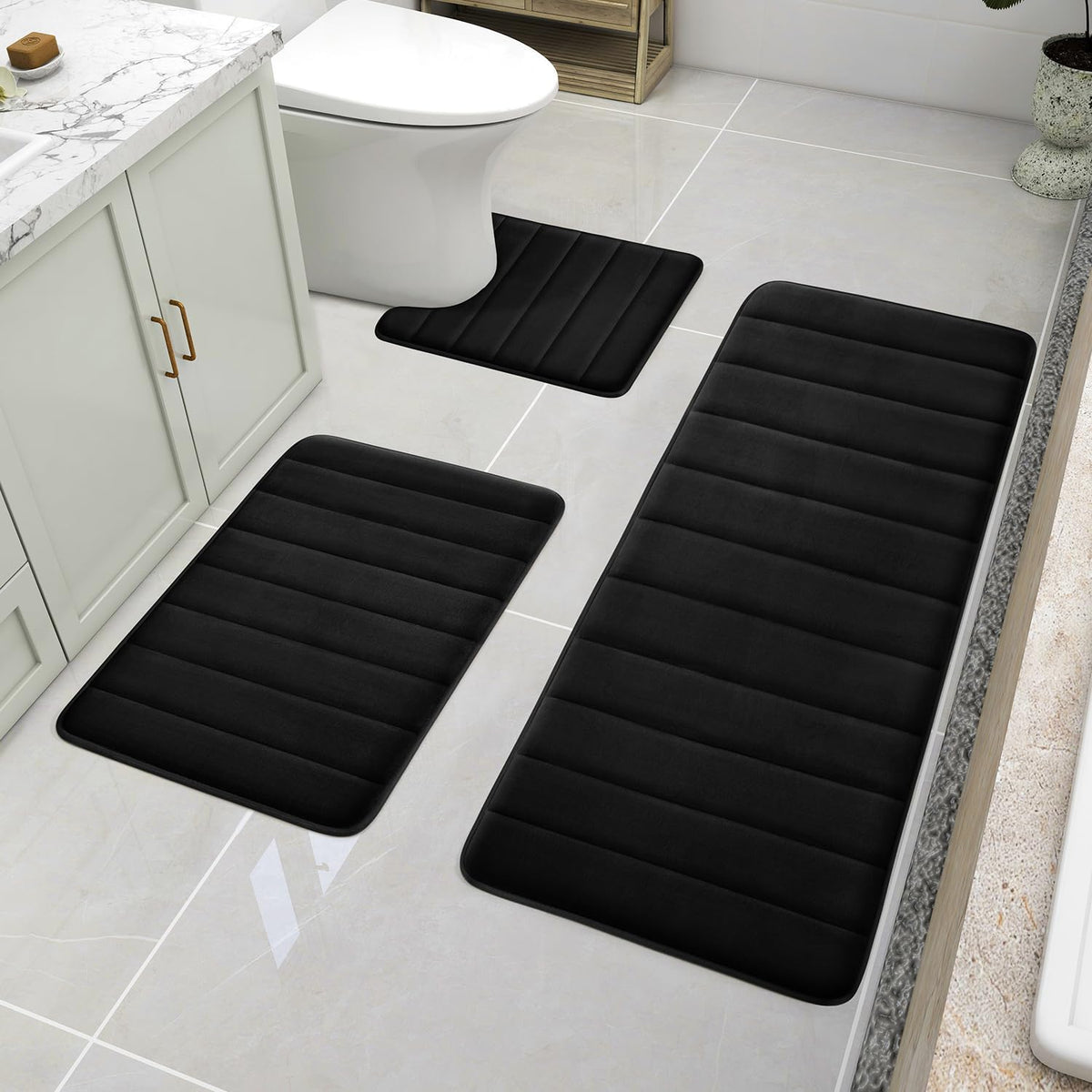 BYSURE Black Memory Foam Bathroom Rug Set 3 Piece 17"x24"+20"x32"+U Shape 20"x24"