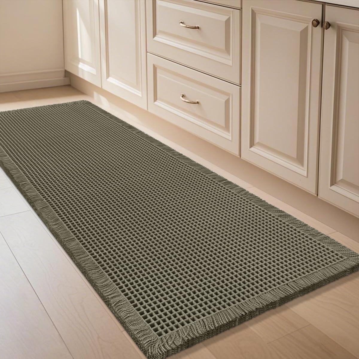 IM HOME Waffle Bath Mat Set 2 Piece Olive Green,Woven Modern Bath Rug Mats, Absorbent Non Slip Bath Floor Mat, Soft Washable Boho Bath Rugs with Tassels for Bathroom, Bedroom, Kitchen,Tub