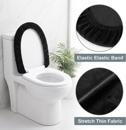 Toilet Seat Lid Cover, Mabor 2 Pcs Black Toilet Lid Covers, Elastic Bottom Tank Shroud, Stretchy Washable Top Mat Cloth Set for Bathroom