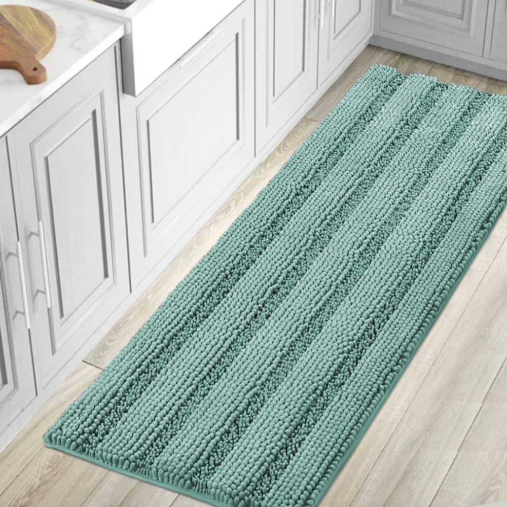 H.VERSAILTEX Bath Rugs for Bathroom Non Slip Bath Mats Extra Thick Chenille Striped Rug 20" x 32" Absorbent Non Skid Fluffy Soft Shaggy Washable Dry Fast Plush Mat for Indoor, Bath Room, Tub - Sage