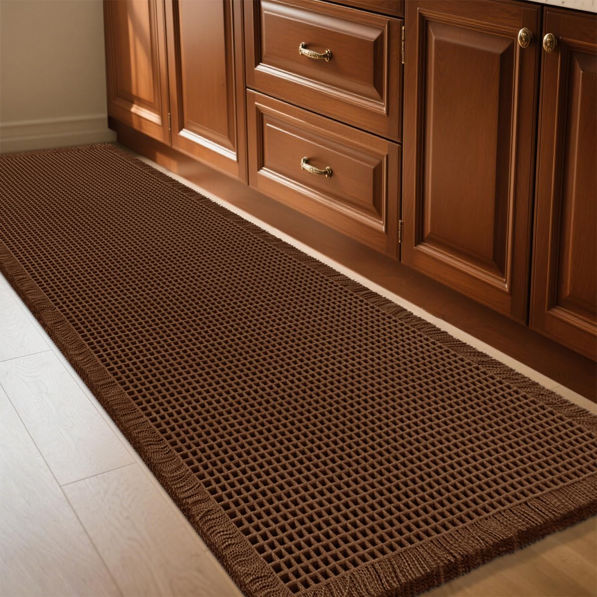 IM HOME Waffle Bath Mat Set 2 Piece Olive Green,Woven Modern Bath Rug Mats, Absorbent Non Slip Bath Floor Mat, Soft Washable Boho Bath Rugs with Tassels for Bathroom, Bedroom, Kitchen,Tub