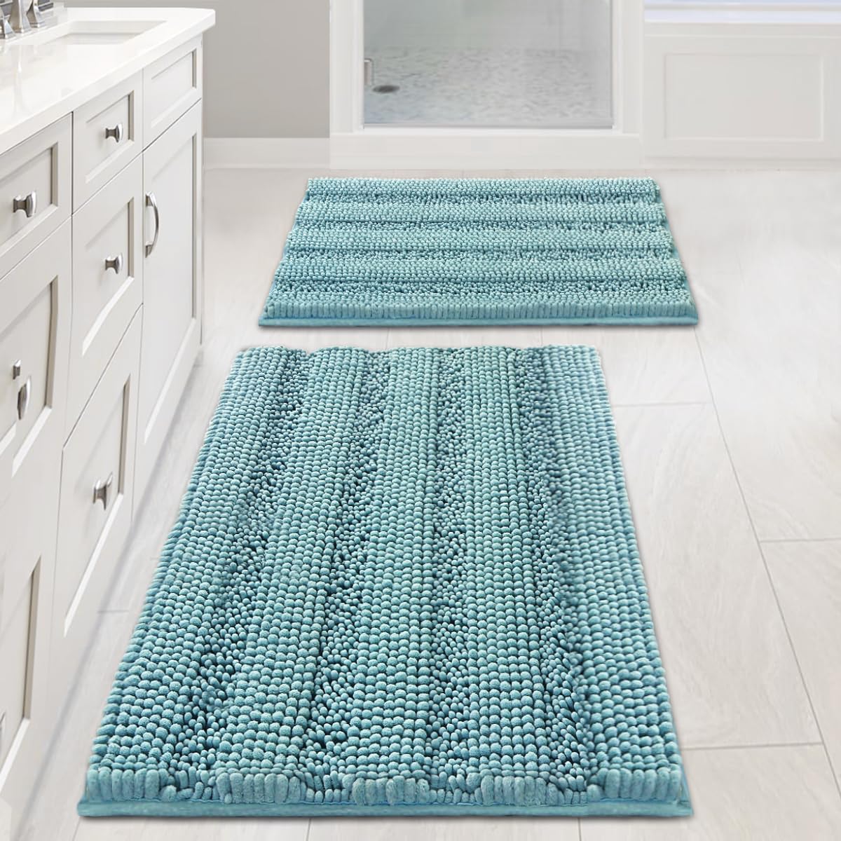 H.VERSAILTEX Bath Rugs for Bathroom Non Slip Bath Mats Extra Thick Chenille Striped Rug 20" x 32" Absorbent Non Skid Fluffy Soft Shaggy Washable Dry Fast Plush Mat for Indoor, Bath Room, Tub - Sage