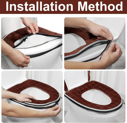 Toilet Seat Cover and Toilet Lid Cover Set, Soft Toilet Seat Cushion with Zipper Adjustable Rubber Backing Toilet Seat Warmer Bathroom Decor and Accessories, Coffee
