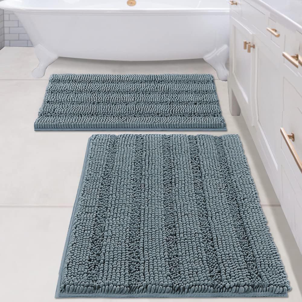 H.VERSAILTEX Bath Rugs for Bathroom Non Slip Bath Mats Extra Thick Chenille Striped Rug 20" x 32" Absorbent Non Skid Fluffy Soft Shaggy Washable Dry Fast Plush Mat for Indoor, Bath Room, Tub - Sage