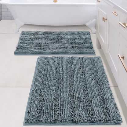 H.VERSAILTEX Bath Rugs for Bathroom Non Slip Bath Mats Extra Thick Chenille Striped Rug 20" x 32" Absorbent Non Skid Fluffy Soft Shaggy Washable Dry Fast Plush Mat for Indoor, Bath Room, Tub - Sage