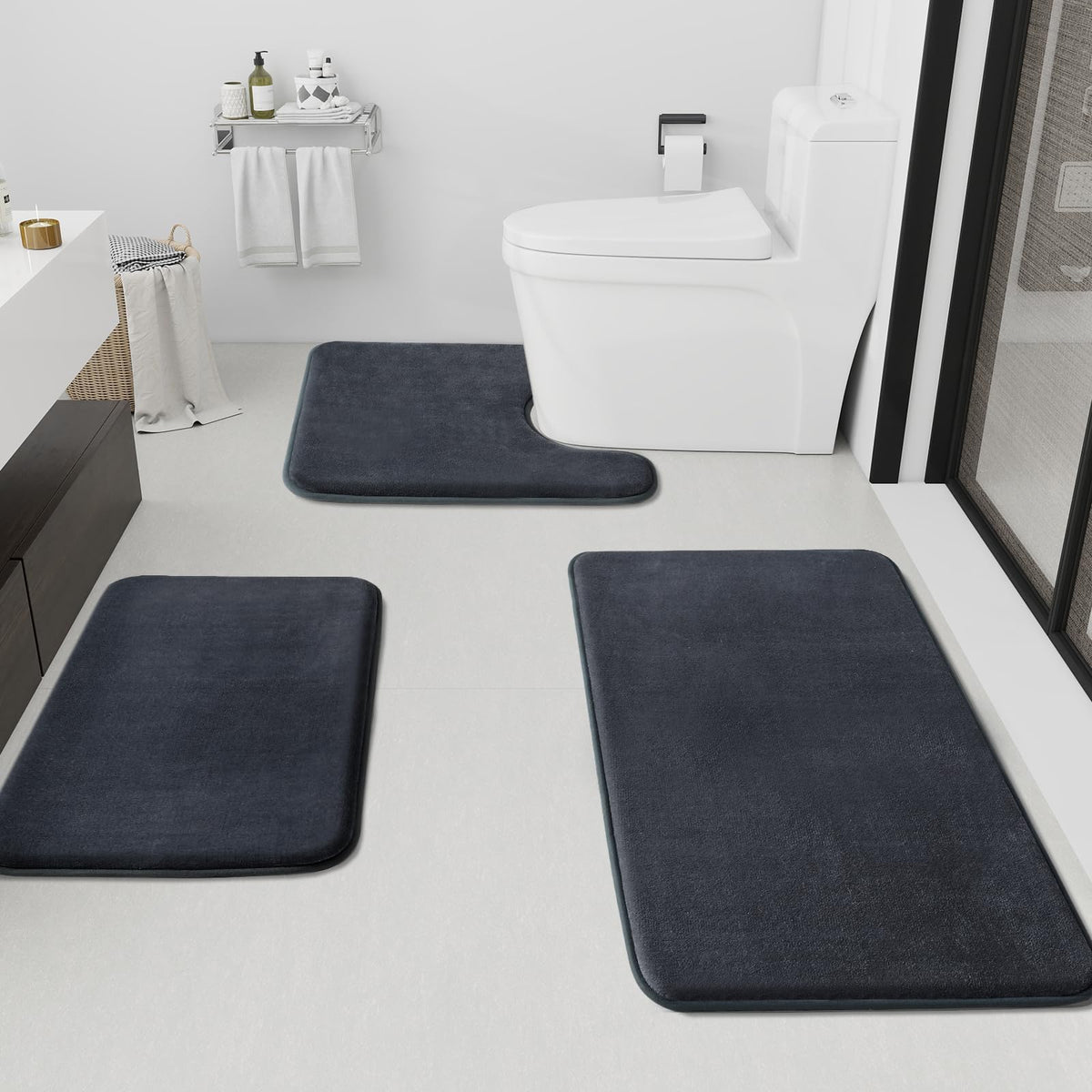 HUXMEYSON Bathroom Rugs Sets 3 Piece, Non-Slip & Quick Dry Bath Mat Set, Ultra Soft Velvet Bath Rugs for Bathroom, Toilet and Shower Floor, Grey