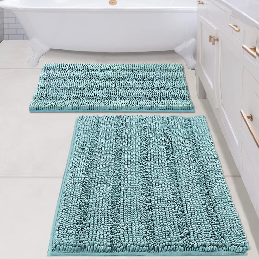 H.VERSAILTEX Bath Rugs for Bathroom Non Slip Bath Mats Extra Thick Chenille Striped Rug 20" x 32" Absorbent Non Skid Fluffy Soft Shaggy Washable Dry Fast Plush Mat for Indoor, Bath Room, Tub - Sage