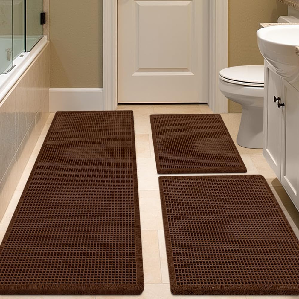 IM HOME Waffle Bath Mat Set 2 Piece Olive Green,Woven Modern Bath Rug Mats, Absorbent Non Slip Bath Floor Mat, Soft Washable Boho Bath Rugs with Tassels for Bathroom, Bedroom, Kitchen,Tub