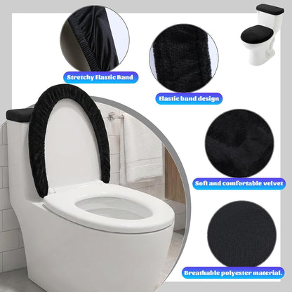 Toilet Lid Cover and Toilet Tank Lid Cover, Soft Velvet Toilets Covers with Elastic Bottom Bathroom Toilets Lids Seat Covers Set Replacement Machine Wash Replacement Fits Most Lids (Black)