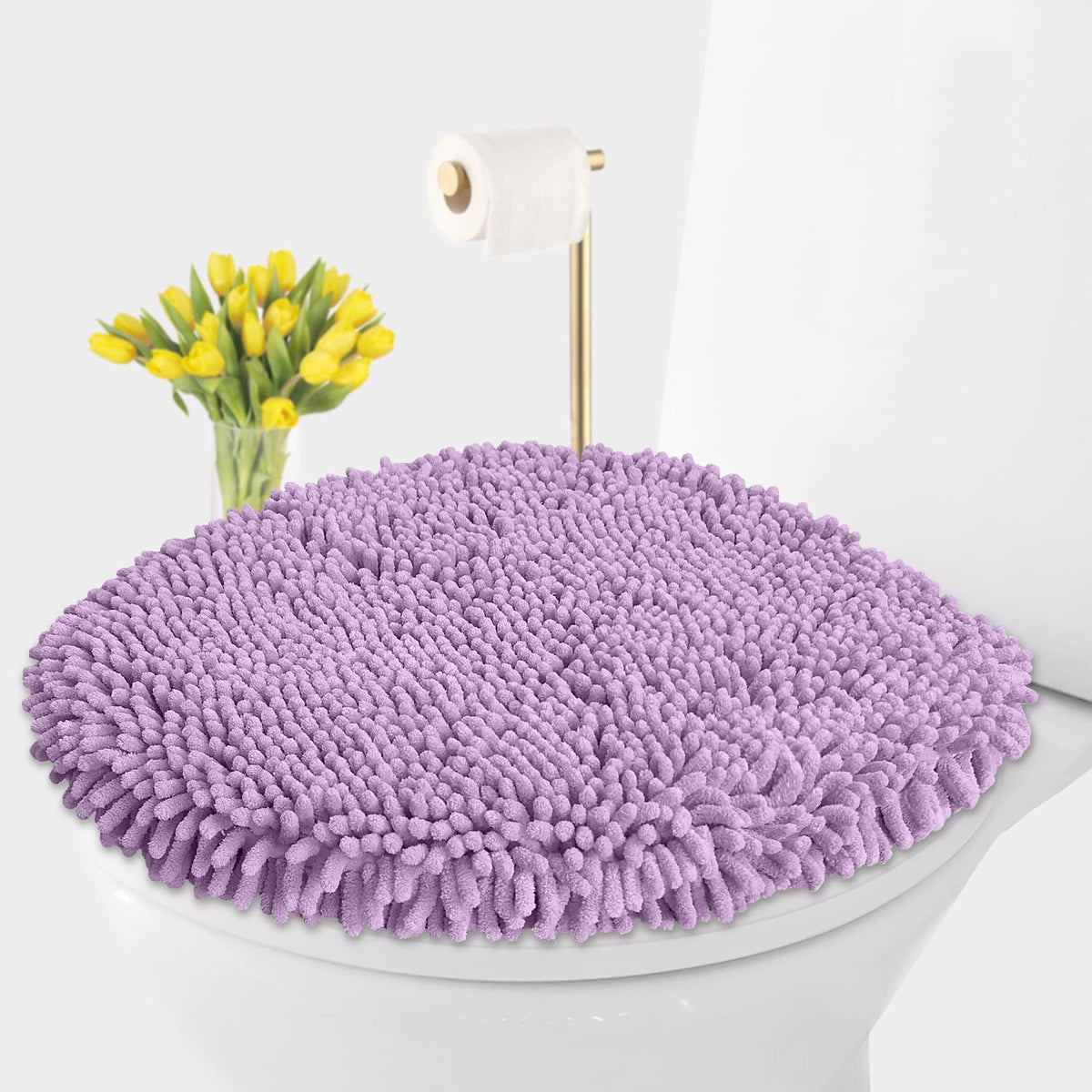 LuxUrux Toilet Lid Cover with Stretch Fit Elastic Band – Chenille Microfiber Toilet Seat Non-Slip Cover for Bathroom – Soft Plush, Machine Wash And Dry, Comfort & Clean Look (18 x 21'', Medium Blue)