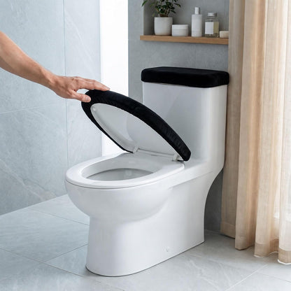 Toilet Seat Lid Cover, Mabor 2 Pcs Black Toilet Lid Covers, Elastic Bottom Tank Shroud, Stretchy Washable Top Mat Cloth Set for Bathroom