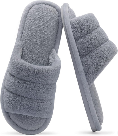 shevalues Terry Cloth Open Toe Slippers for Women Memory Foam House Shoes