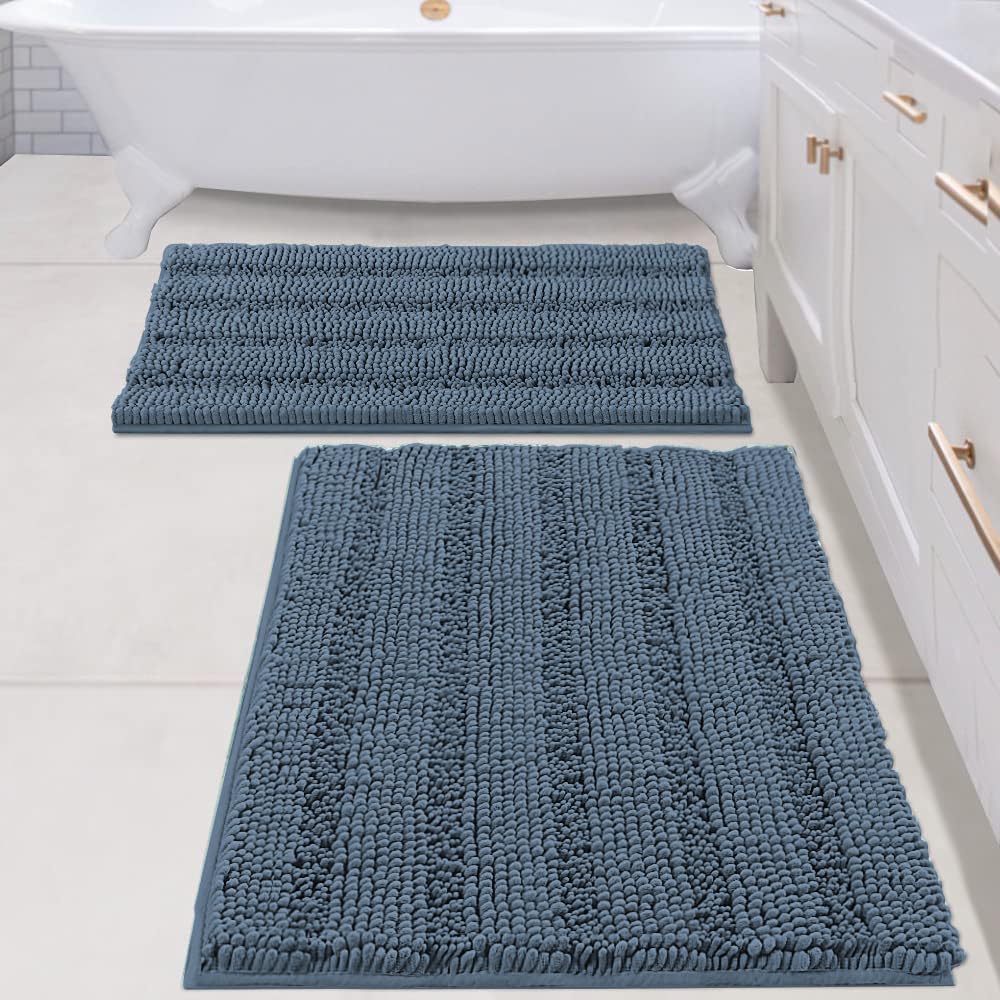 H.VERSAILTEX Bath Rugs for Bathroom Non Slip Bath Mats Extra Thick Chenille Striped Rug 20" x 32" Absorbent Non Skid Fluffy Soft Shaggy Washable Dry Fast Plush Mat for Indoor, Bath Room, Tub - Sage