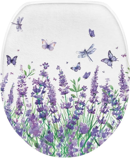 Purple Lavender Elongated Toilet Seat Cover Soft and Absorbent Fabric Toilet Lid Cover Oval Fits Most Standard Lids with Elastic Band for Bathroom Decor Accessories Protective