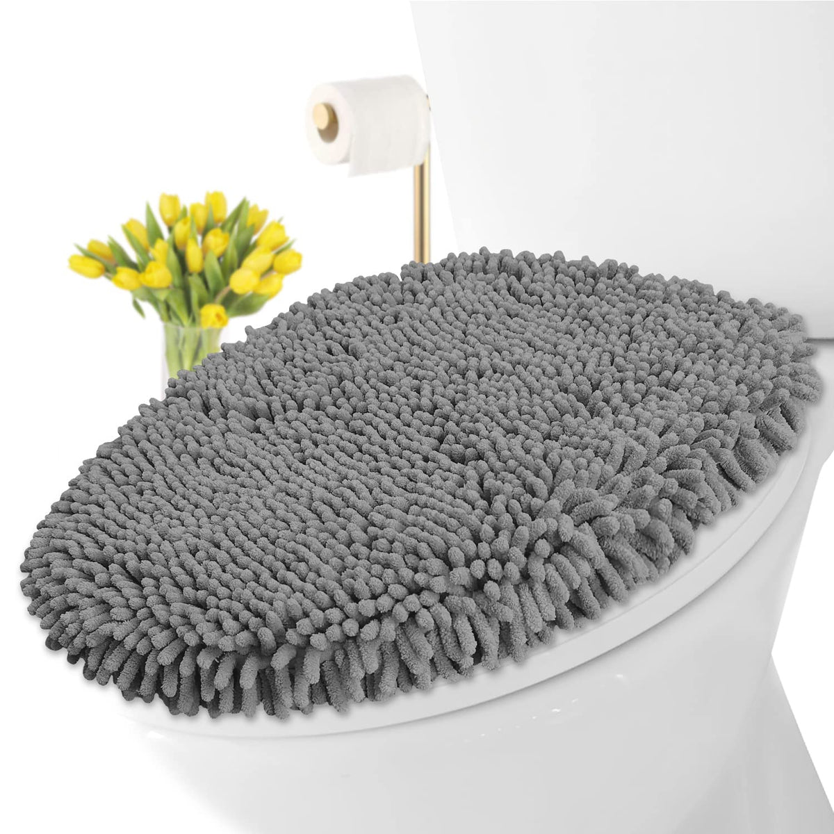 LuxUrux Toilet Lid Cover with Stretch Fit Elastic Band – Chenille Microfiber Toilet Seat Non-Slip Cover for Bathroom – Soft Plush, Machine Wash And Dry, Comfort & Clean Look (18 x 18'', Birch)