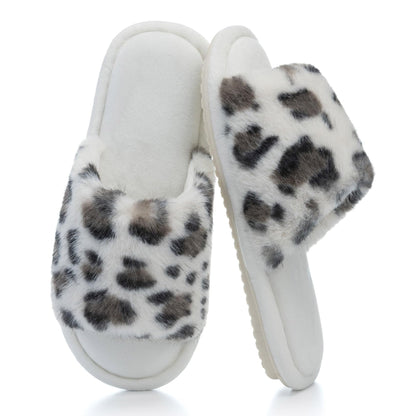 GOEWY Women's Fuzzy Open-Toe House Slippers with Memory Foam -Leopard Print