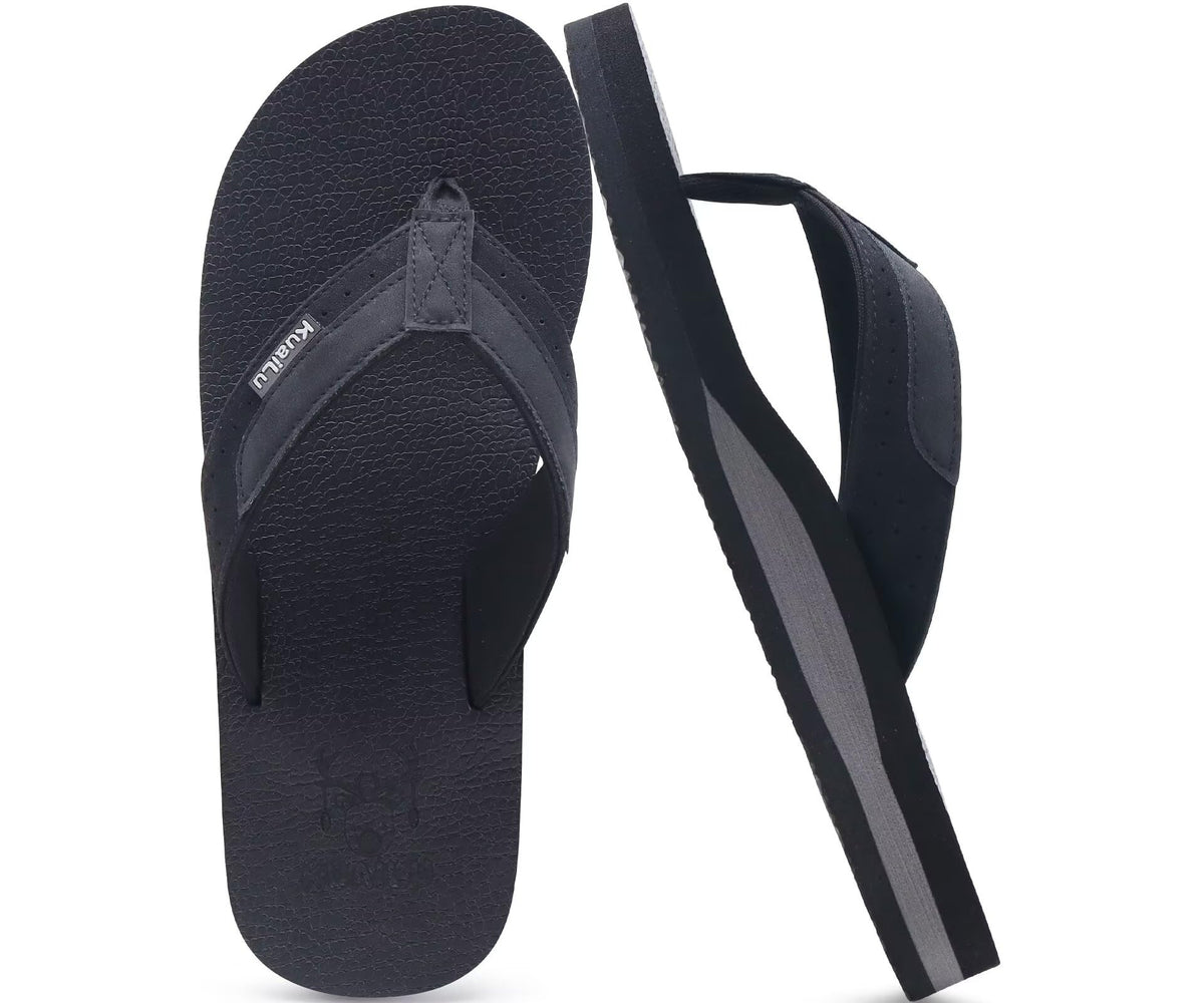 KuaiLu Mens Faux Leather Flip Flops with Comfortable Arch Support