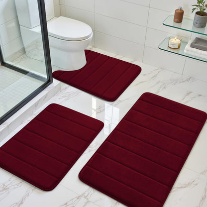 BYSURE Black Memory Foam Bathroom Rug Set 3 Piece 17"x24"+20"x32"+U Shape 20"x24"
