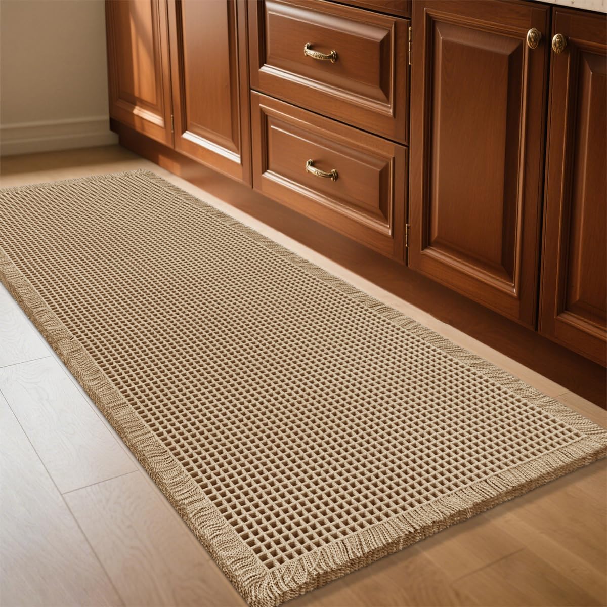 IM HOME Waffle Bath Mat Set 2 Piece Olive Green,Woven Modern Bath Rug Mats, Absorbent Non Slip Bath Floor Mat, Soft Washable Boho Bath Rugs with Tassels for Bathroom, Bedroom, Kitchen,Tub
