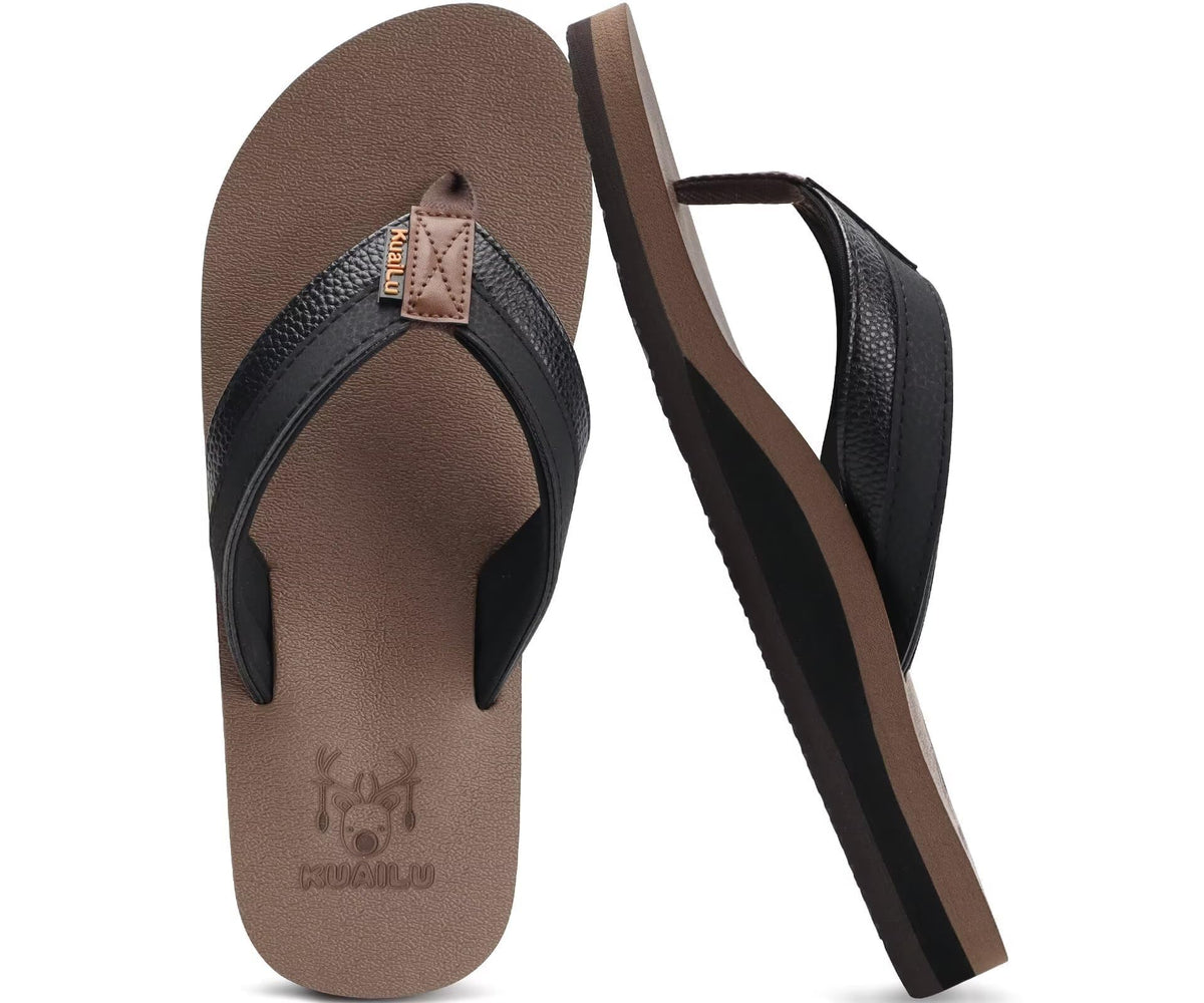 KuaiLu Mens Faux Leather Flip Flops with Comfortable Arch Support