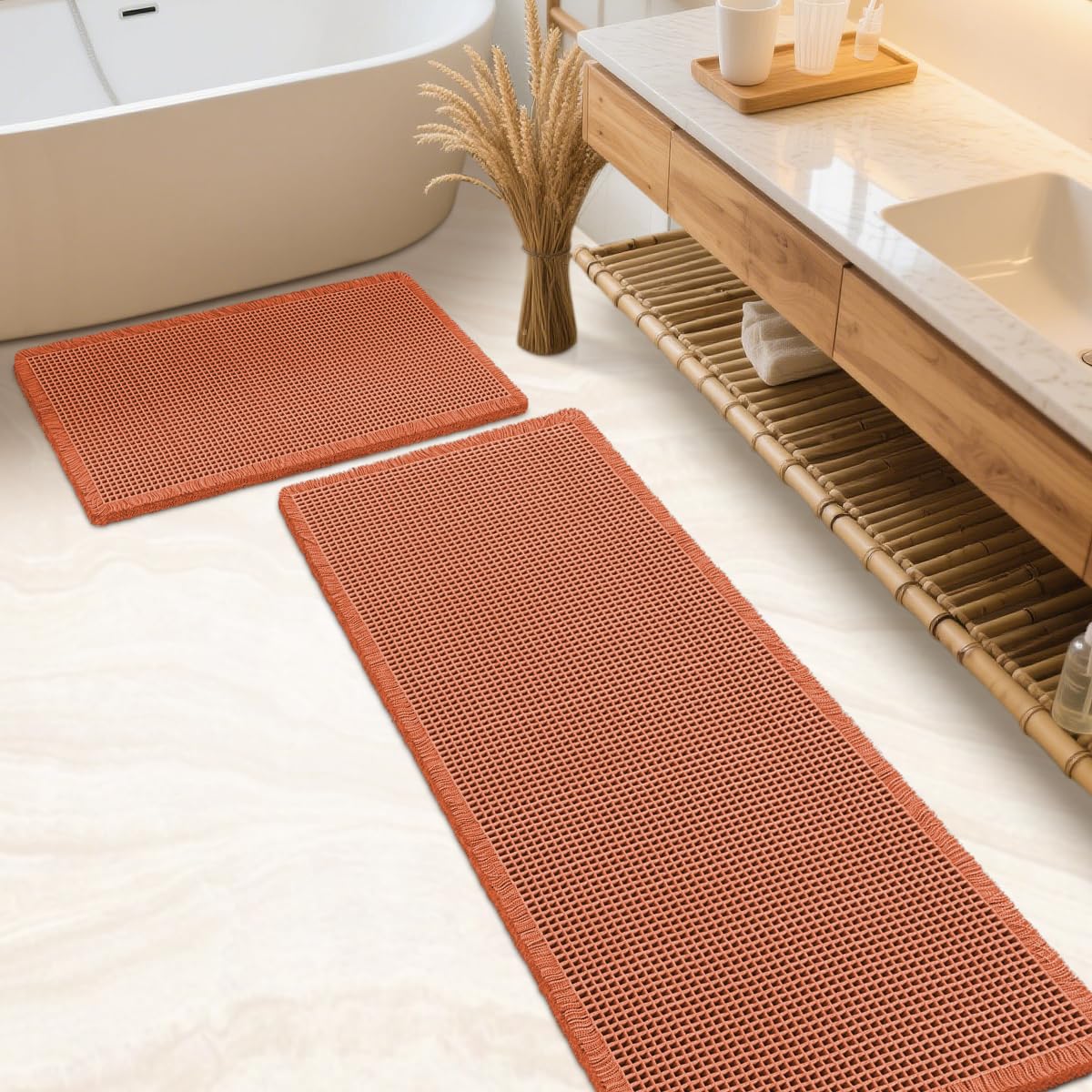 IM HOME Waffle Bath Mat Set 2 Piece Olive Green,Woven Modern Bath Rug Mats, Absorbent Non Slip Bath Floor Mat, Soft Washable Boho Bath Rugs with Tassels for Bathroom, Bedroom, Kitchen,Tub