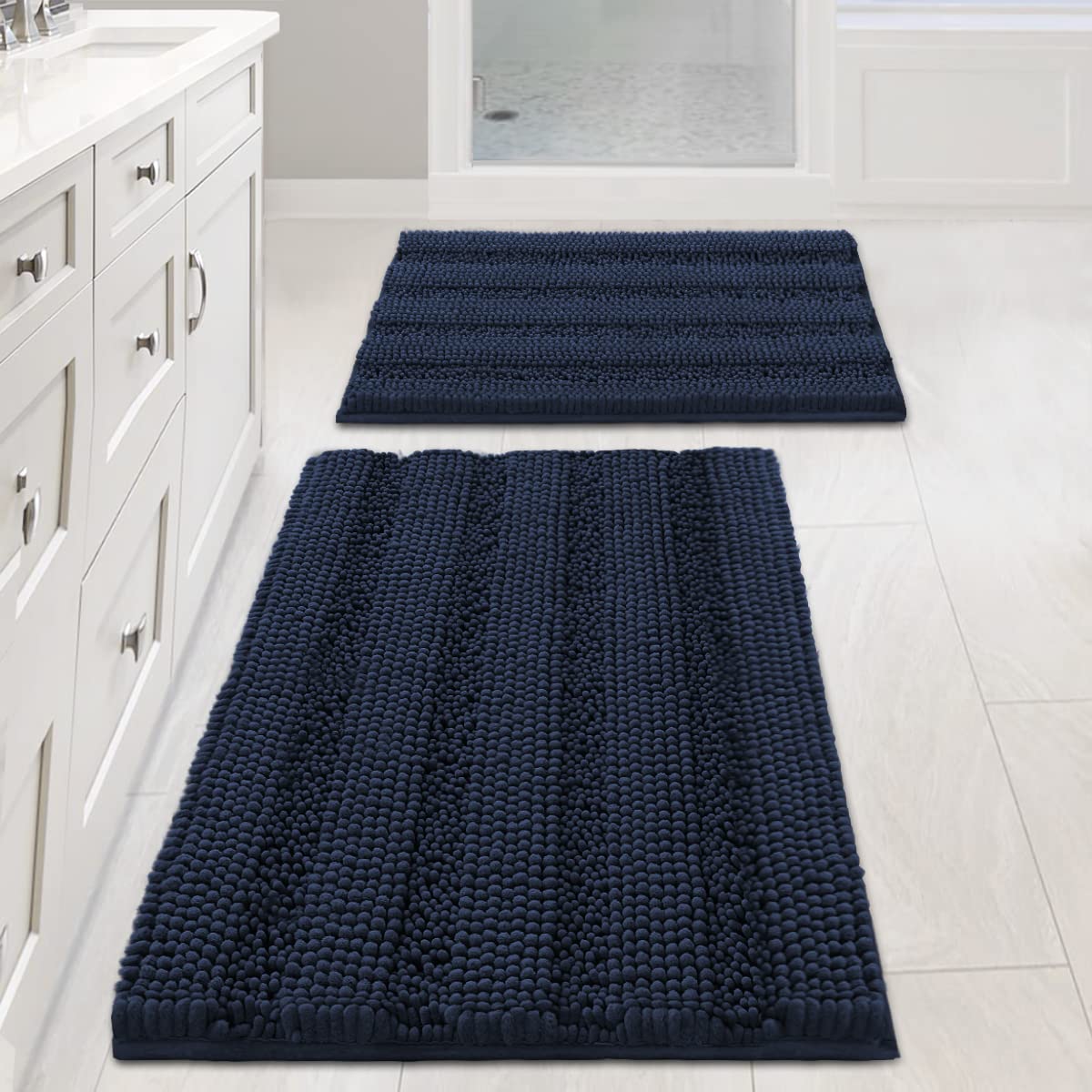 H.VERSAILTEX Bath Rugs for Bathroom Non Slip Bath Mats Extra Thick Chenille Striped Rug 20" x 32" Absorbent Non Skid Fluffy Soft Shaggy Washable Dry Fast Plush Mat for Indoor, Bath Room, Tub - Sage