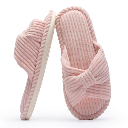 Chantomoo Slippers for Women Memory Foam House Womens Slipper Slides Home Bedroom Bathroom Spa Open Toe Corduroy Bow Slippers Cozy Comfortable