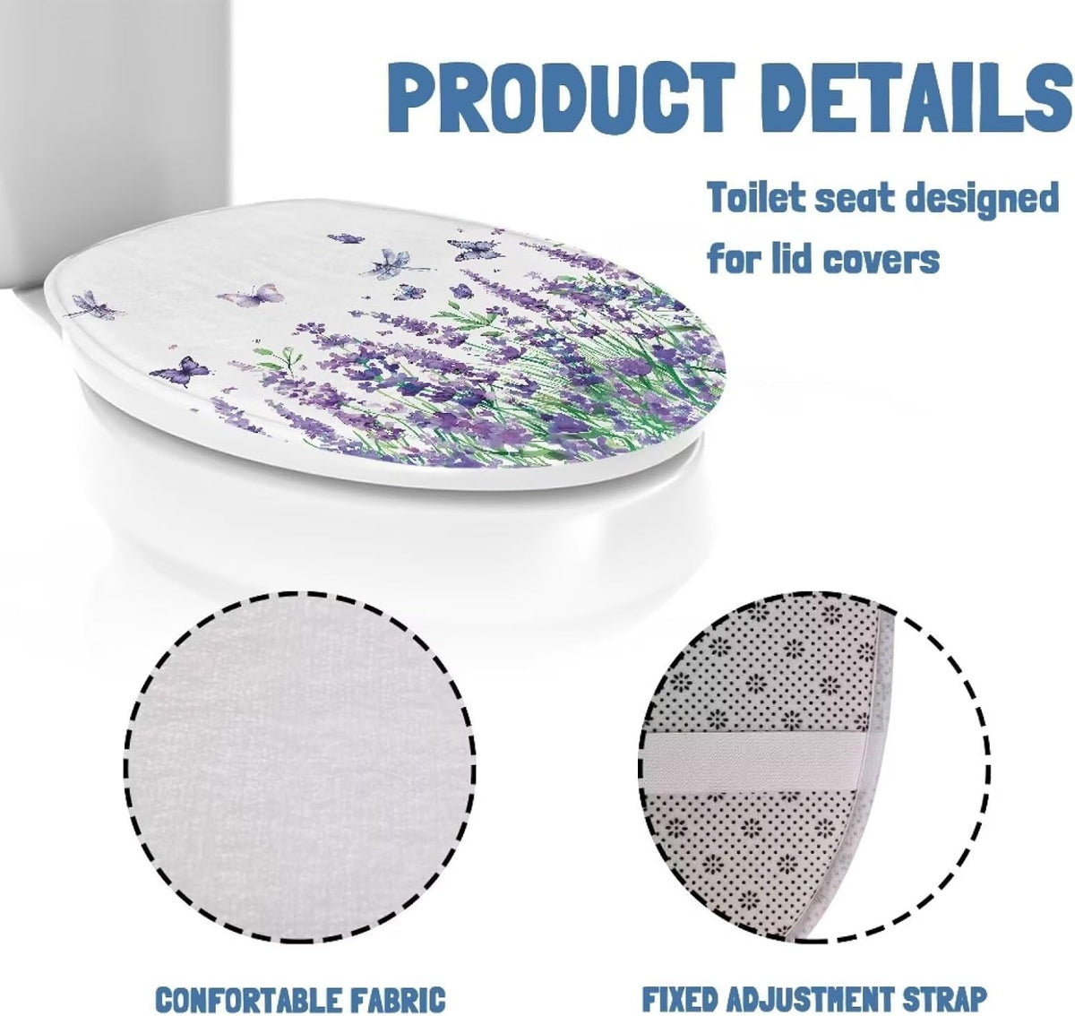 Purple Lavender Elongated Toilet Seat Cover Soft and Absorbent Fabric Toilet Lid Cover Oval Fits Most Standard Lids with Elastic Band for Bathroom Decor Accessories Protective