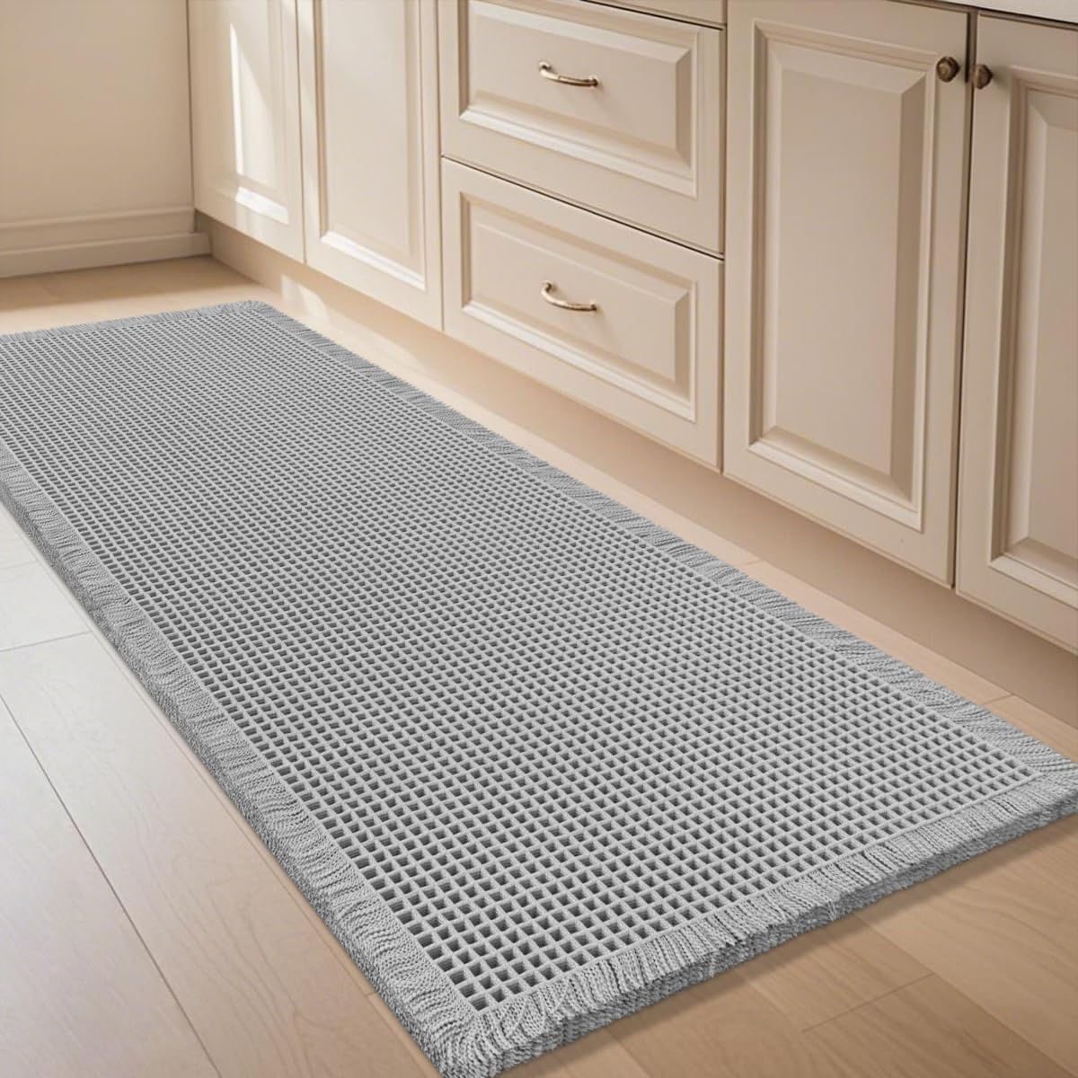 IM HOME Waffle Bath Mat Set 2 Piece Olive Green,Woven Modern Bath Rug Mats, Absorbent Non Slip Bath Floor Mat, Soft Washable Boho Bath Rugs with Tassels for Bathroom, Bedroom, Kitchen,Tub