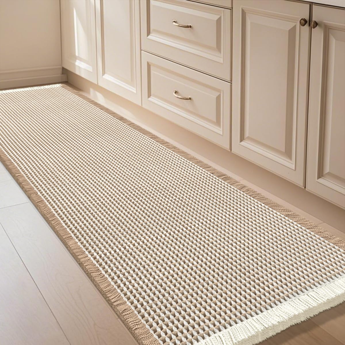 IM HOME Waffle Bath Mat Set 2 Piece Olive Green,Woven Modern Bath Rug Mats, Absorbent Non Slip Bath Floor Mat, Soft Washable Boho Bath Rugs with Tassels for Bathroom, Bedroom, Kitchen,Tub