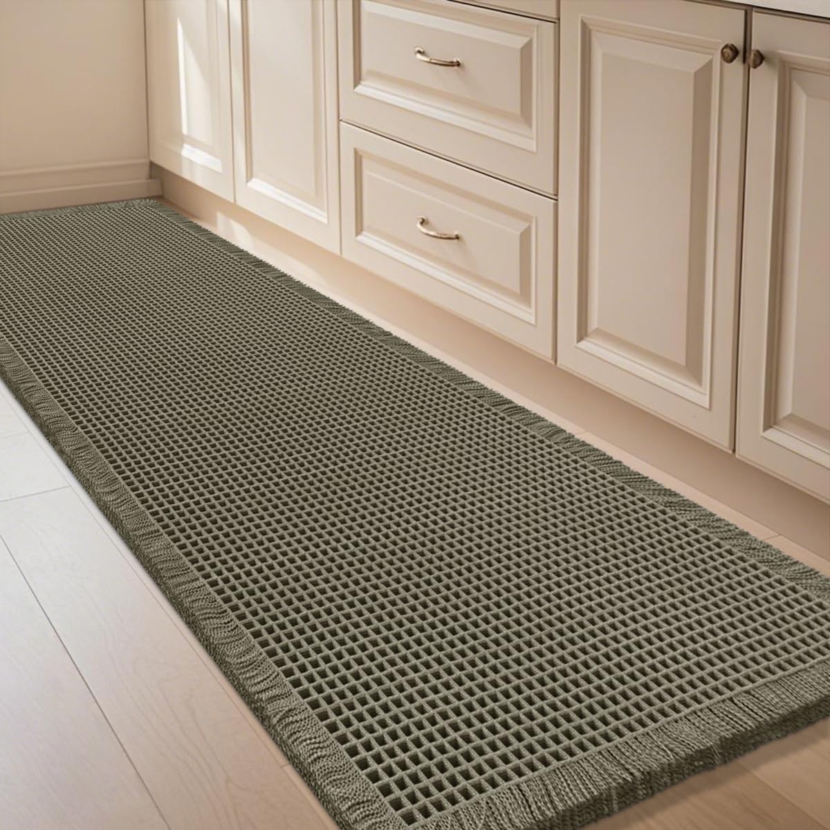 IM HOME Waffle Bath Mat Set 2 Piece Olive Green,Woven Modern Bath Rug Mats, Absorbent Non Slip Bath Floor Mat, Soft Washable Boho Bath Rugs with Tassels for Bathroom, Bedroom, Kitchen,Tub