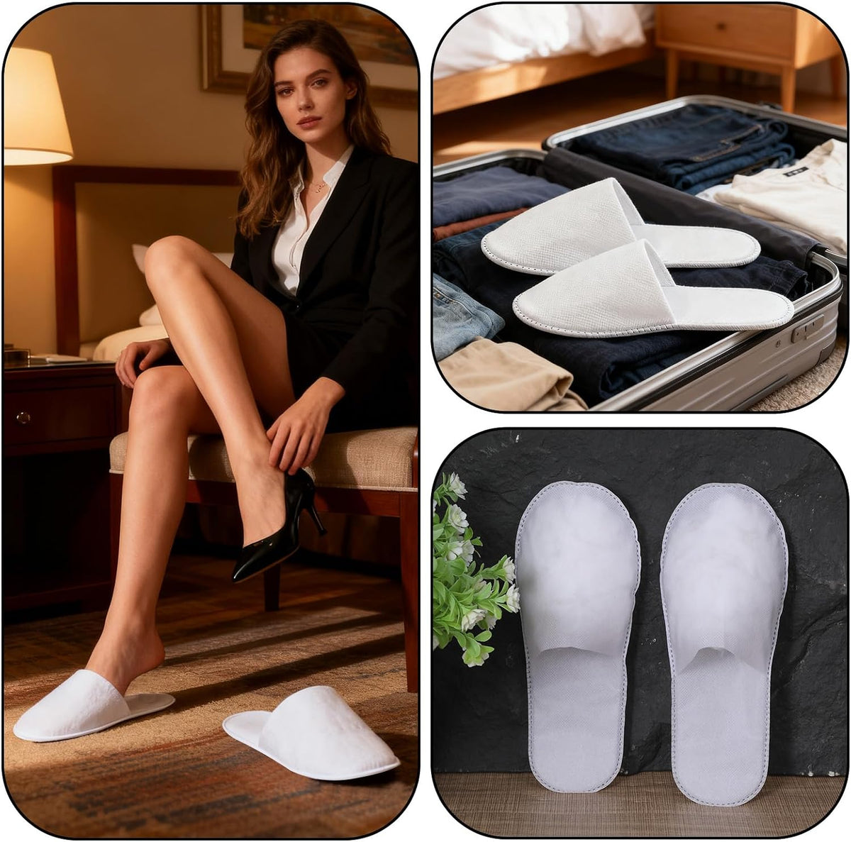 Disposable Slippers for Guests, 3 Pairs House Travel Slippers Non-slip Hotel Spa Guest Slipper White Unisex Slipper for Women Men Hotel, Spa, Travel, Shoeless Home