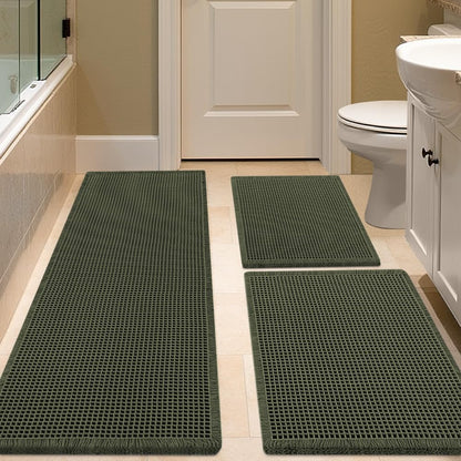 IM HOME Waffle Bath Mat Set 2 Piece Olive Green,Woven Modern Bath Rug Mats, Absorbent Non Slip Bath Floor Mat, Soft Washable Boho Bath Rugs with Tassels for Bathroom, Bedroom, Kitchen,Tub