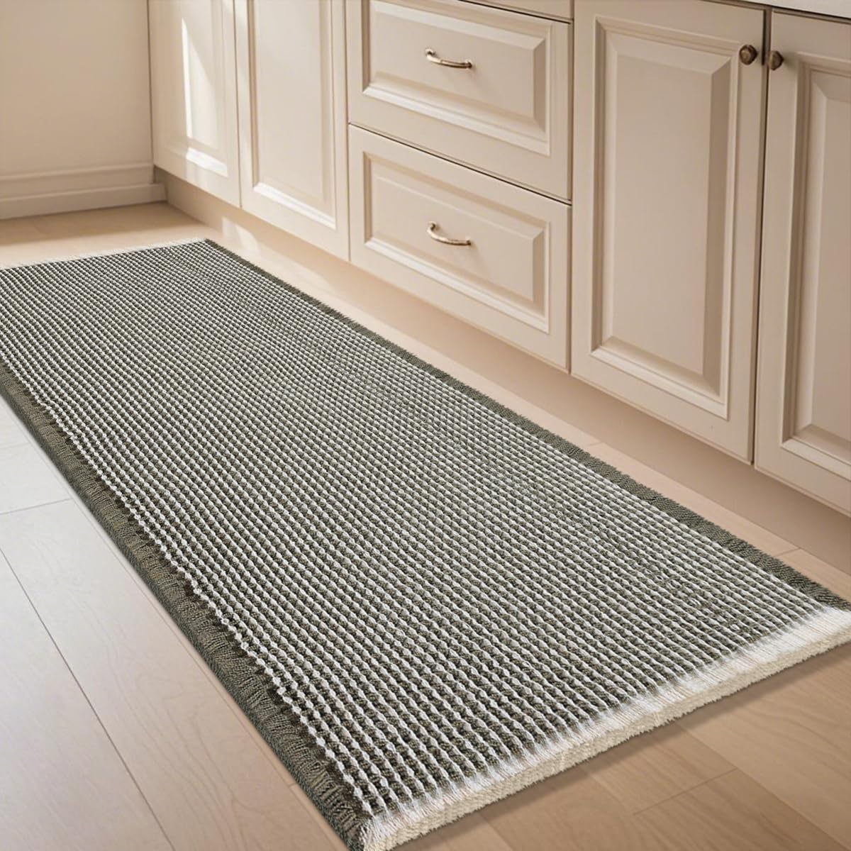 IM HOME Waffle Bath Mat Set 2 Piece Olive Green,Woven Modern Bath Rug Mats, Absorbent Non Slip Bath Floor Mat, Soft Washable Boho Bath Rugs with Tassels for Bathroom, Bedroom, Kitchen,Tub