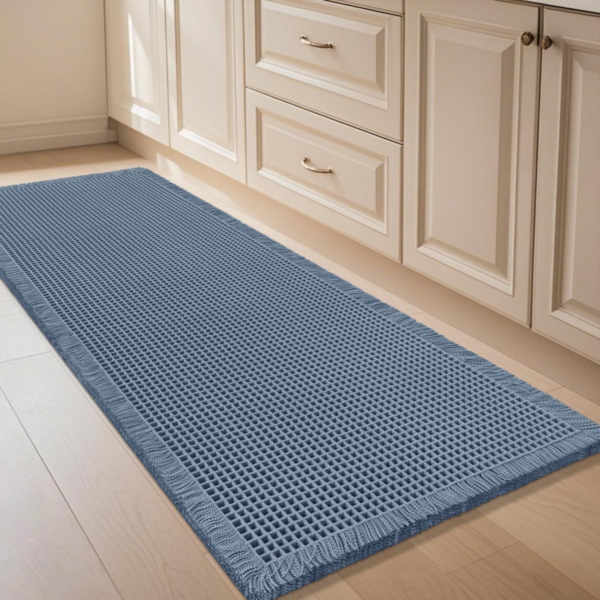IM HOME Waffle Bath Mat Set 2 Piece Olive Green,Woven Modern Bath Rug Mats, Absorbent Non Slip Bath Floor Mat, Soft Washable Boho Bath Rugs with Tassels for Bathroom, Bedroom, Kitchen,Tub
