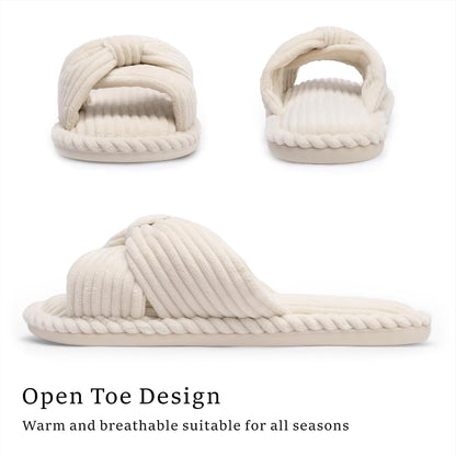 Chantomoo Slippers for Women Memory Foam House Womens Slipper Slides Home Bedroom Bathroom Spa Open Toe Corduroy Bow Slippers Cozy Comfortable
