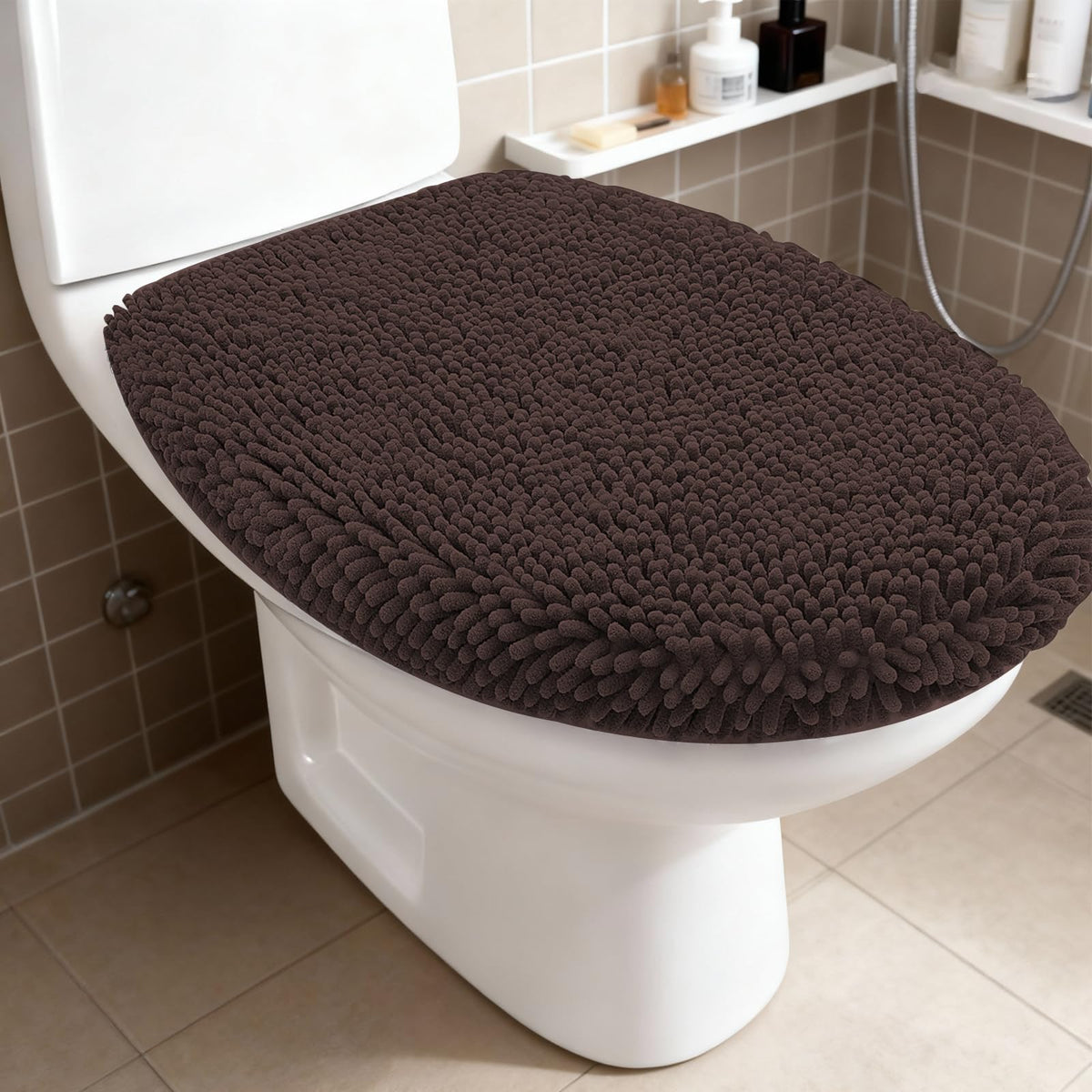 RUN HELIX Bathroom Toilet Lid Cover,Chenille Machine Washable Seat Covers, 17.5x15, Stays in Place Rubber Backing, Fits Most Round, Elongated and Oblong Lids, Accessories Decor, Blue