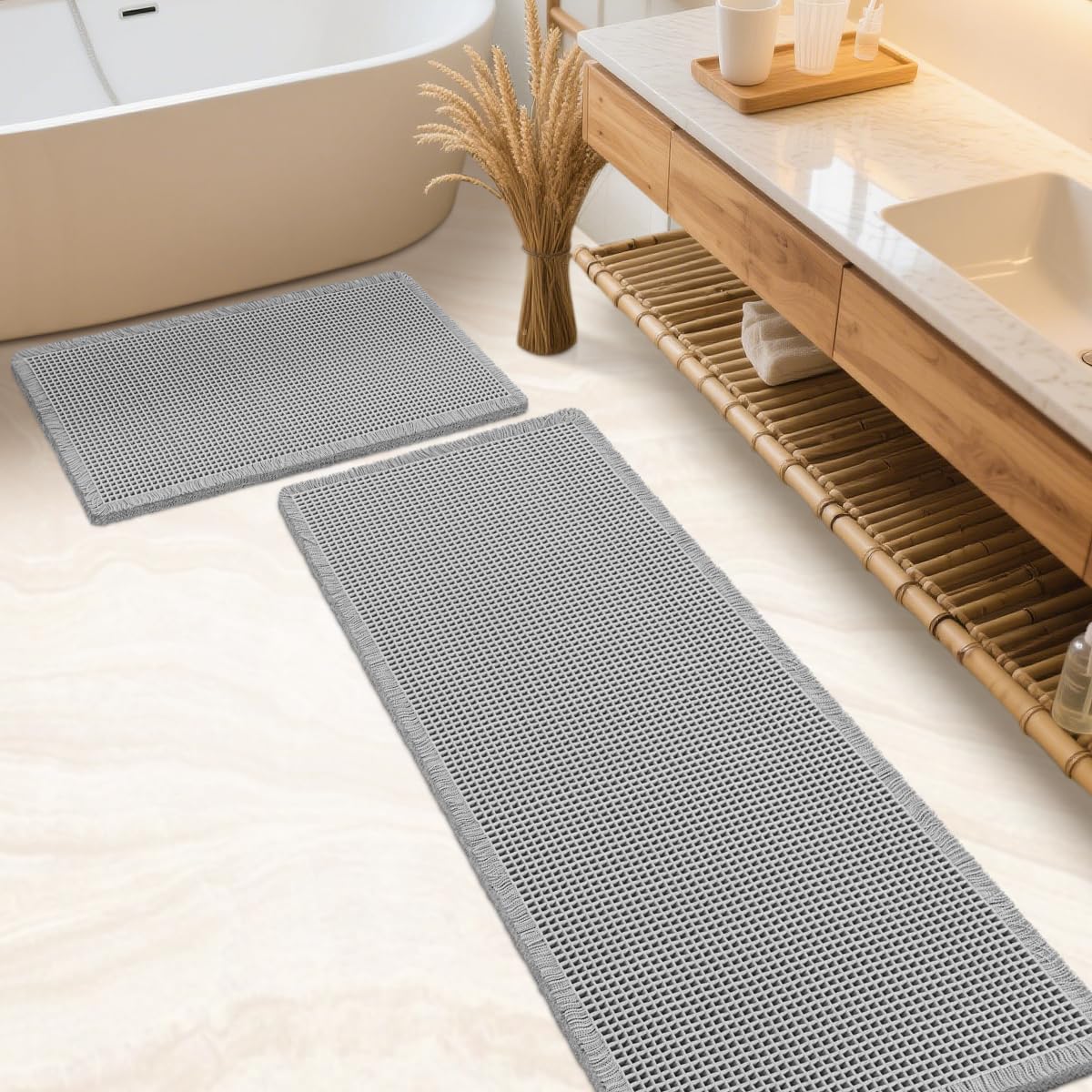 IM HOME Waffle Bath Mat Set 2 Piece Olive Green,Woven Modern Bath Rug Mats, Absorbent Non Slip Bath Floor Mat, Soft Washable Boho Bath Rugs with Tassels for Bathroom, Bedroom, Kitchen,Tub