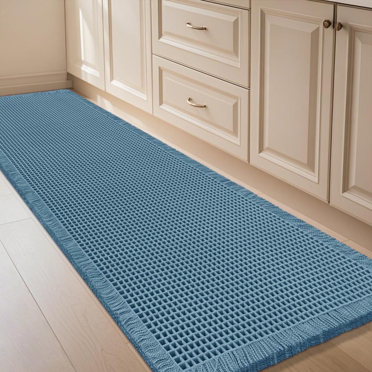 IM HOME Waffle Bath Mat Set 2 Piece Olive Green,Woven Modern Bath Rug Mats, Absorbent Non Slip Bath Floor Mat, Soft Washable Boho Bath Rugs with Tassels for Bathroom, Bedroom, Kitchen,Tub