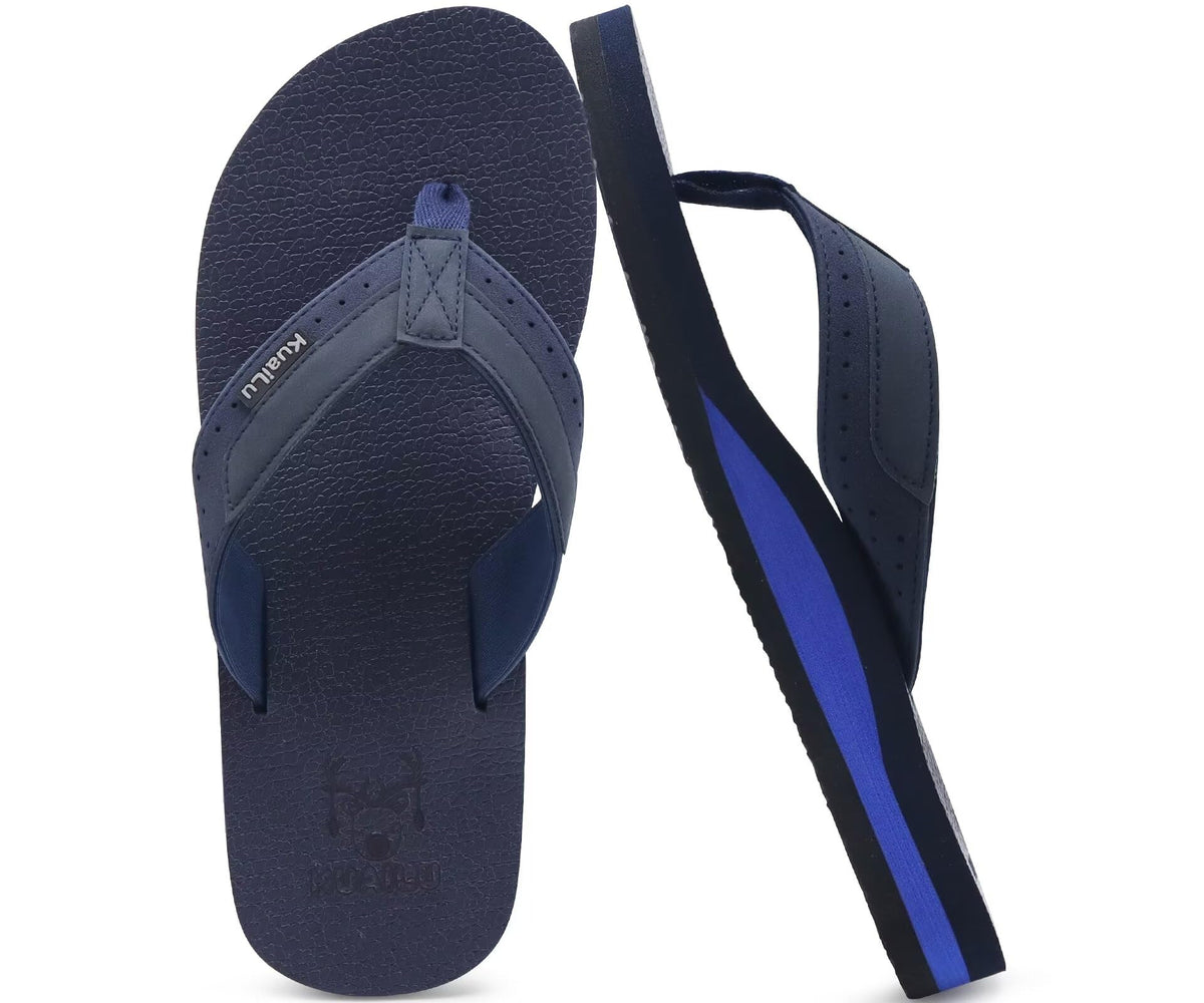 KuaiLu Mens Faux Leather Flip Flops with Comfortable Arch Support