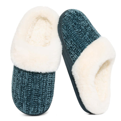 Evshine Women's Chenille Knit Fuzzy Slippers Memory Foam Warm House Shoes