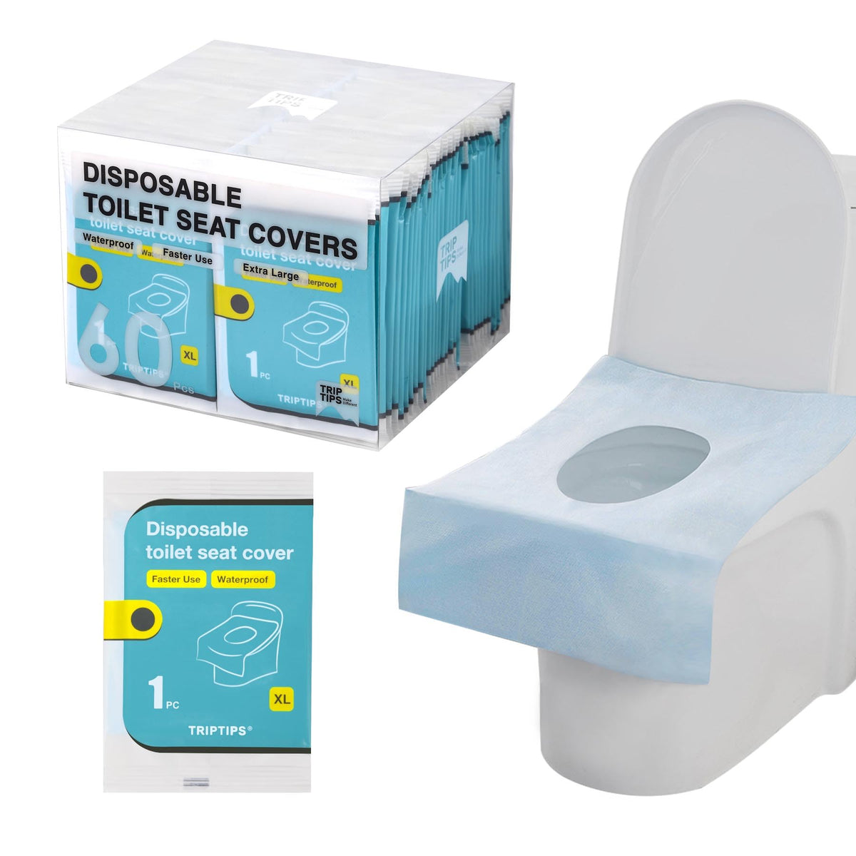 TRIPTIPS Toilet Seat Covers Disposable Travel Pack 60 count｜Faster use-Sticker free｜Waterproof｜XL Disposable Toilet Seat Cover for Adults and Kids, Individually for Public Restroom/Airplane (60pcs)