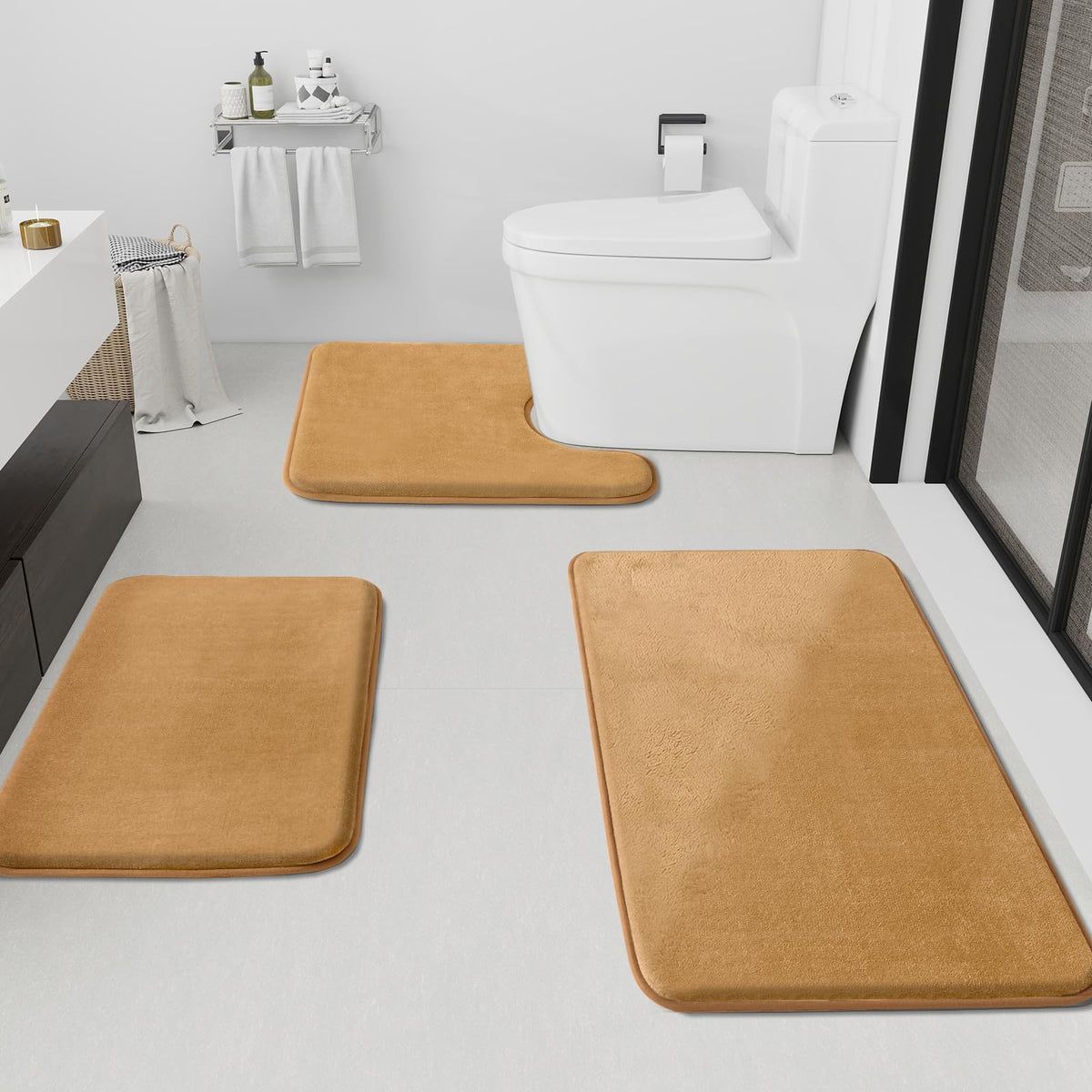 HUXMEYSON Bathroom Rugs Sets 3 Piece, Non-Slip & Quick Dry Bath Mat Set, Ultra Soft Velvet Bath Rugs for Bathroom, Toilet and Shower Floor, Grey