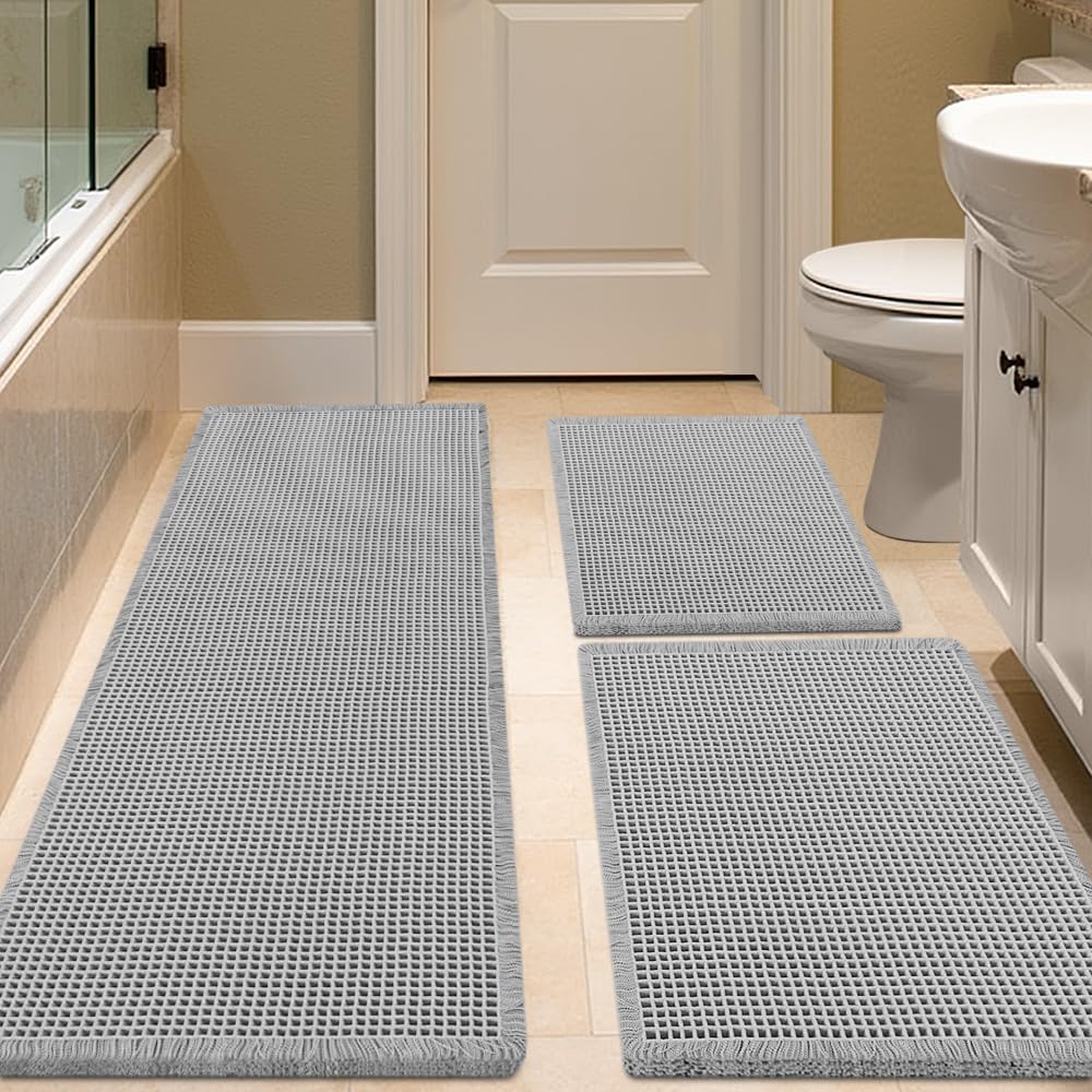 IM HOME Waffle Bath Mat Set 2 Piece Olive Green,Woven Modern Bath Rug Mats, Absorbent Non Slip Bath Floor Mat, Soft Washable Boho Bath Rugs with Tassels for Bathroom, Bedroom, Kitchen,Tub