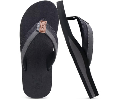 KuaiLu Mens Faux Leather Flip Flops with Comfortable Arch Support