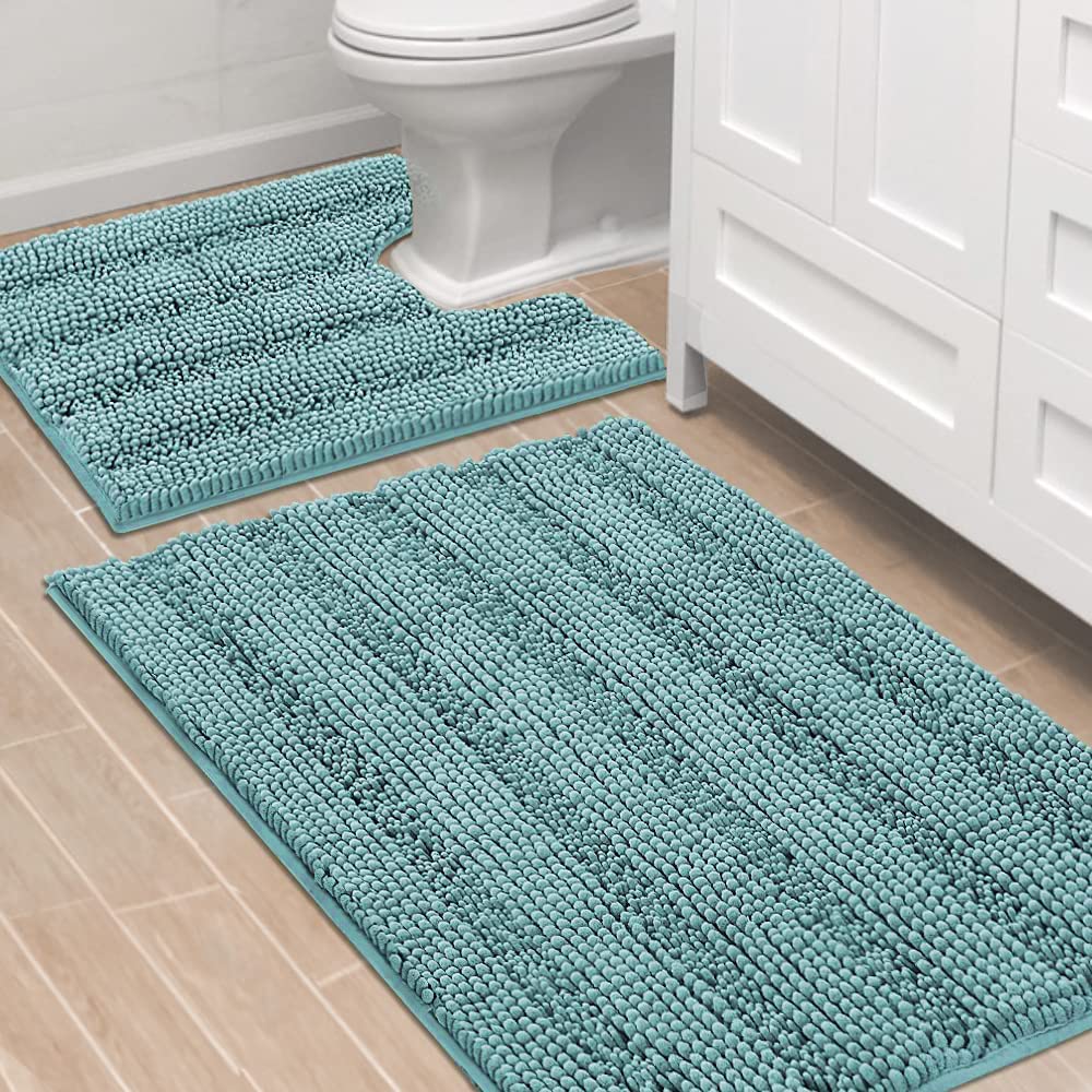 H.VERSAILTEX Bath Rugs for Bathroom Non Slip Bath Mats Extra Thick Chenille Striped Rug 20" x 32" Absorbent Non Skid Fluffy Soft Shaggy Washable Dry Fast Plush Mat for Indoor, Bath Room, Tub - Sage